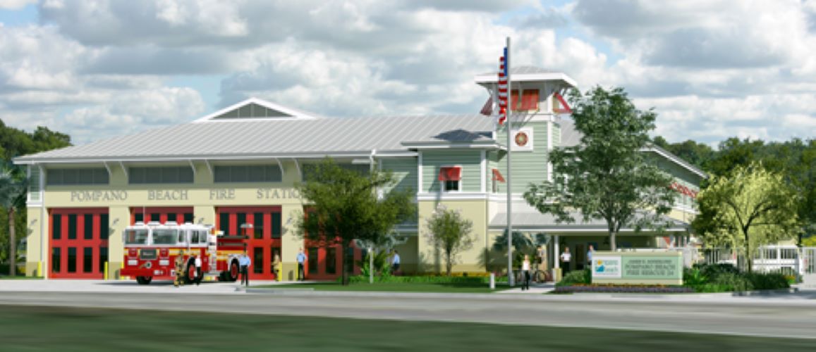 Fire Station building rendering with clouds in the background