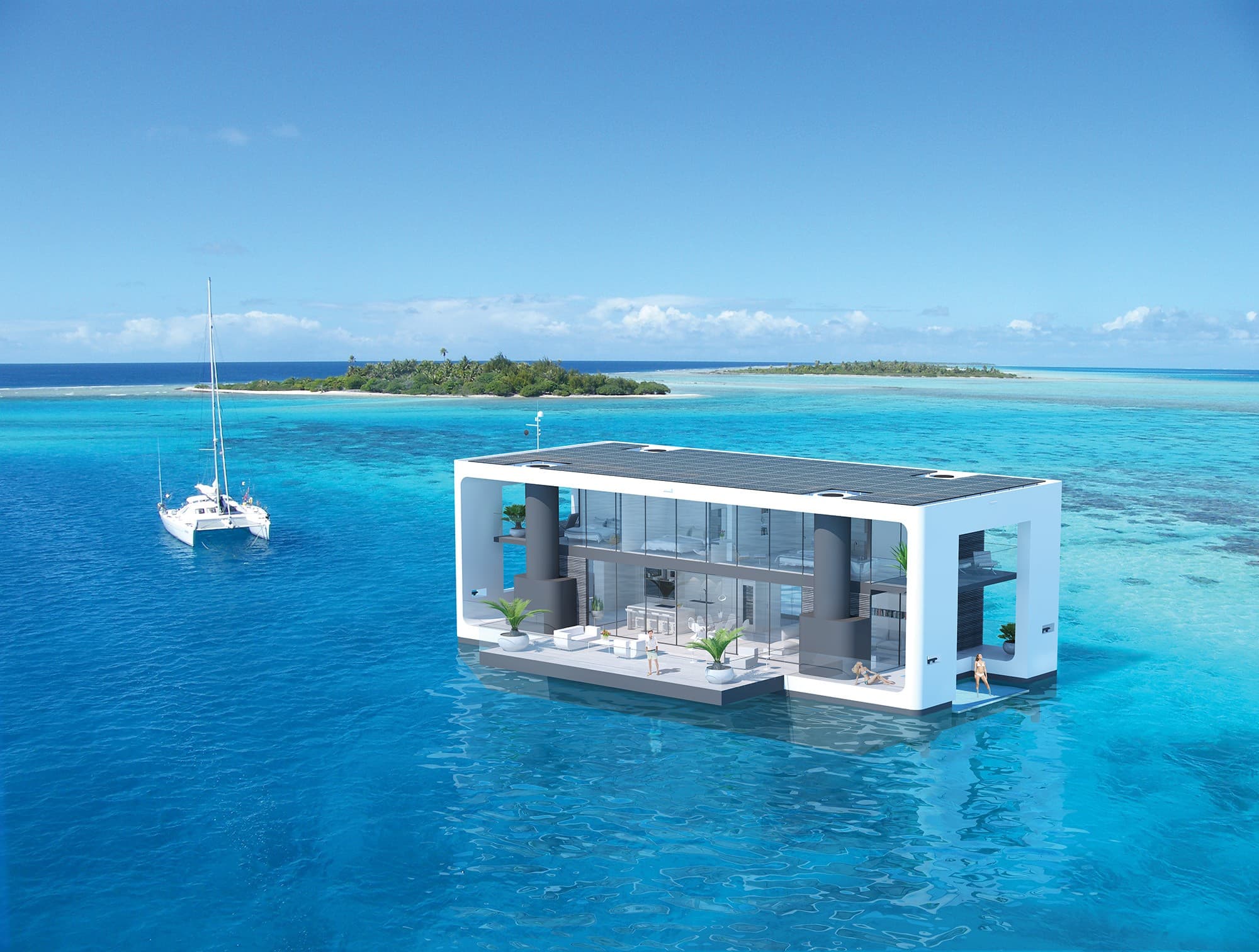 rendering of a floating house on the water with a boat beside it