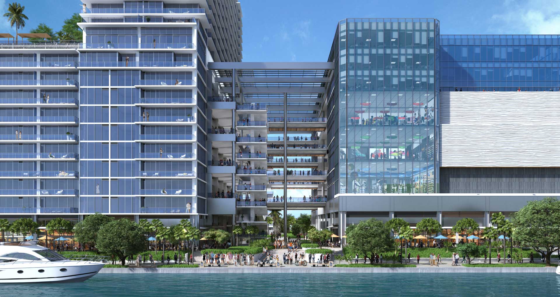 rendering of glass building with the water in front with a small yacht passing by