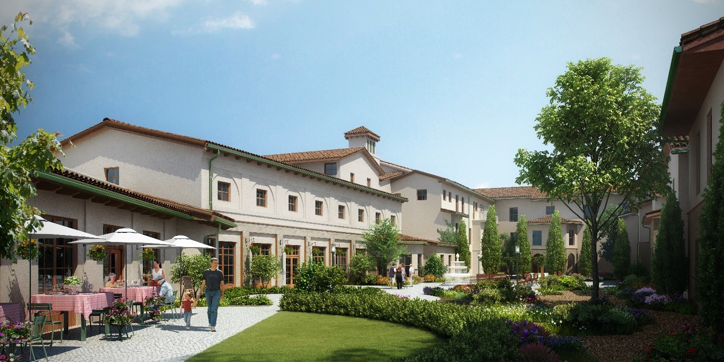 tuscan gardens rendering with people walking by cafe tables