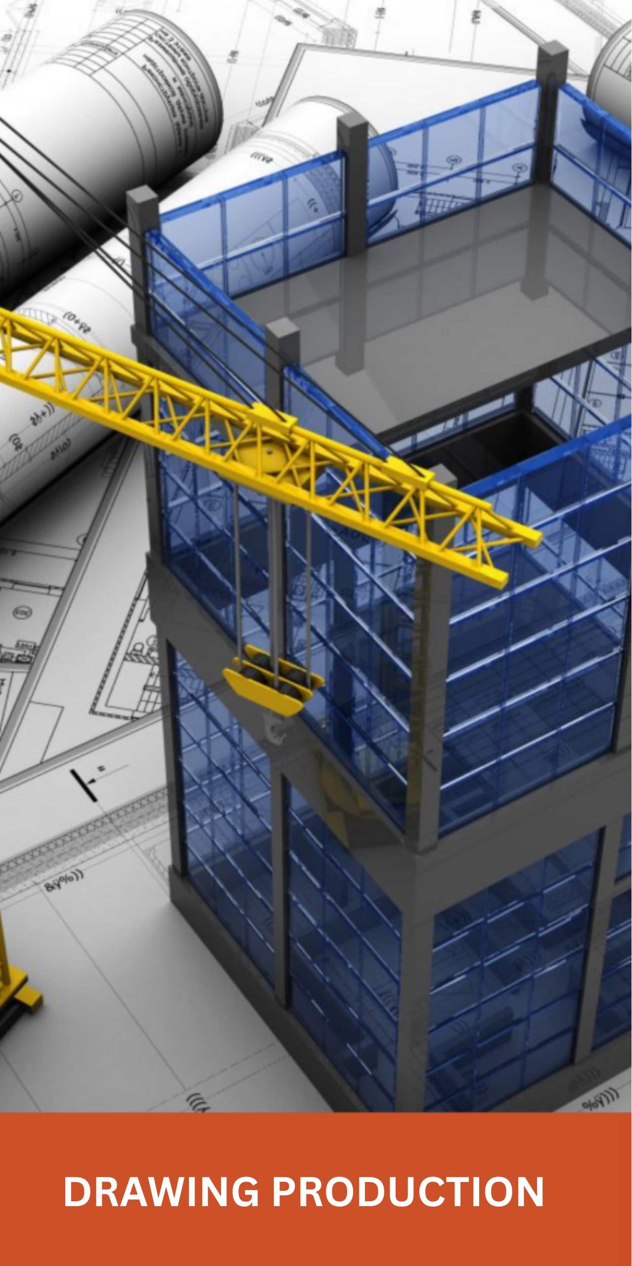 engineering services button image with crane over black and white blueprints